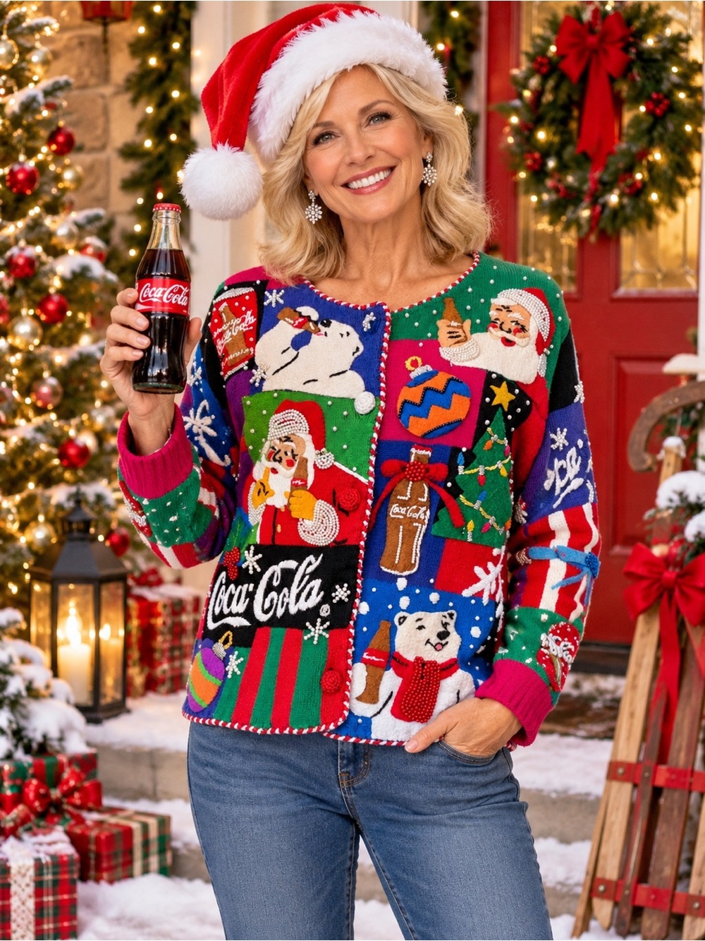 Rare (1999) Michael Simon Ugly Christmas Cardigan Sweater Limited Coca Cola Sz L